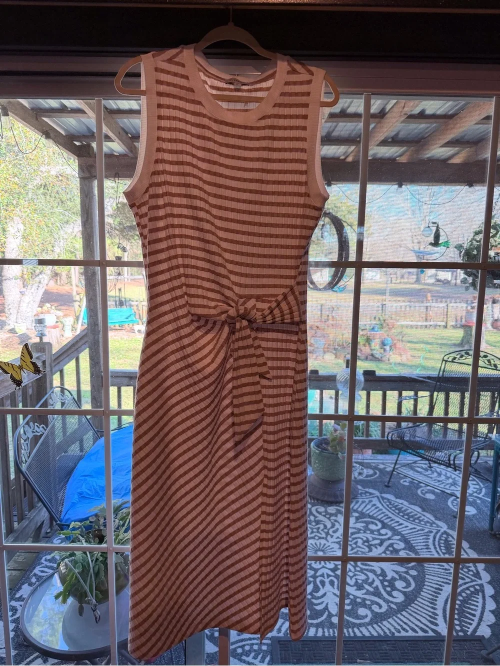 Evereve Brown and White Striped Sleeveless Midi Dress with Waist Tie - Picture 6 of 7